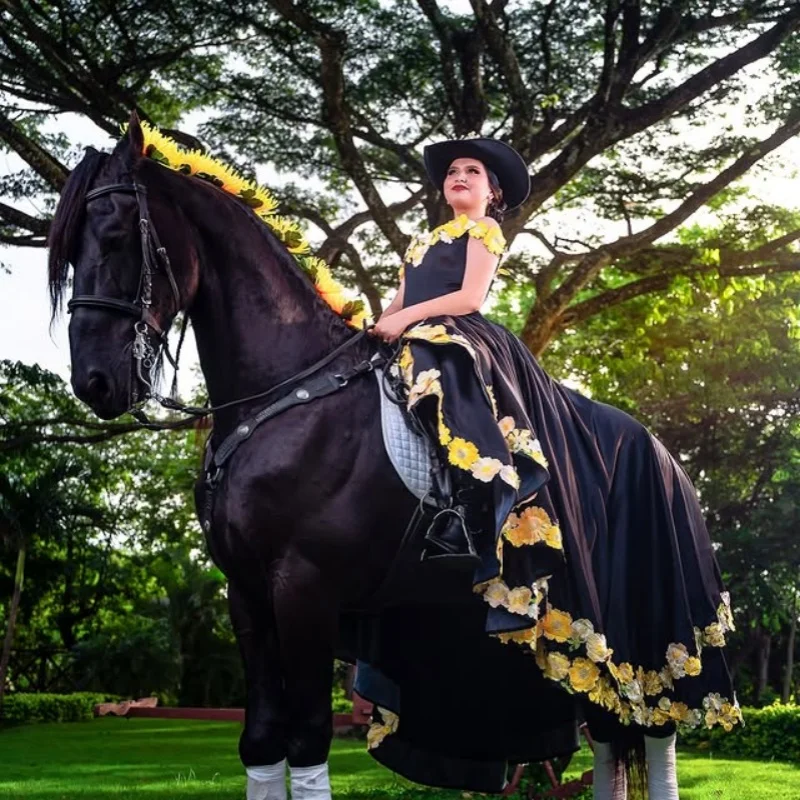 

Satin black Quinceanera Dress Lace layering off-shoulder Tull Sunflower flowers decal vestidos de 15 Quinceanera ﻿Customized