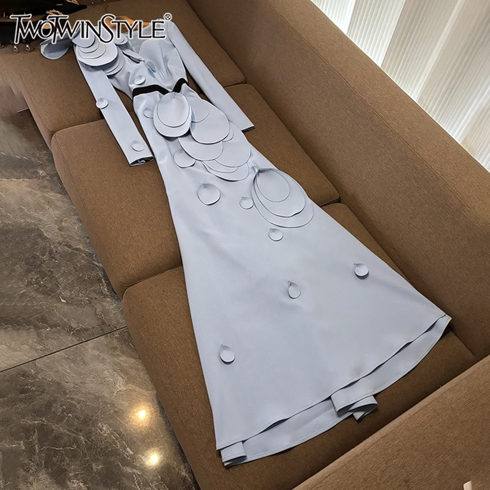 TWOTWINSTYLE Solid Slim Evenung Dresses for Women Round Neck Long Sleeves Patchwork Applique Temperament Dress FemaleKDR525510