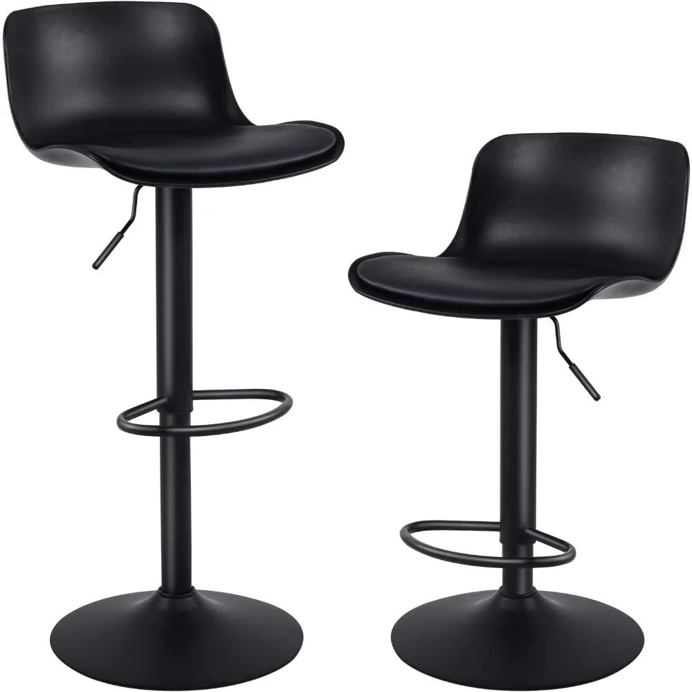 Bar Stools conjunto de 2, barstool moderno preto PU altura do contador, alto acolchoado giratório, barstools ajustáveis com costas