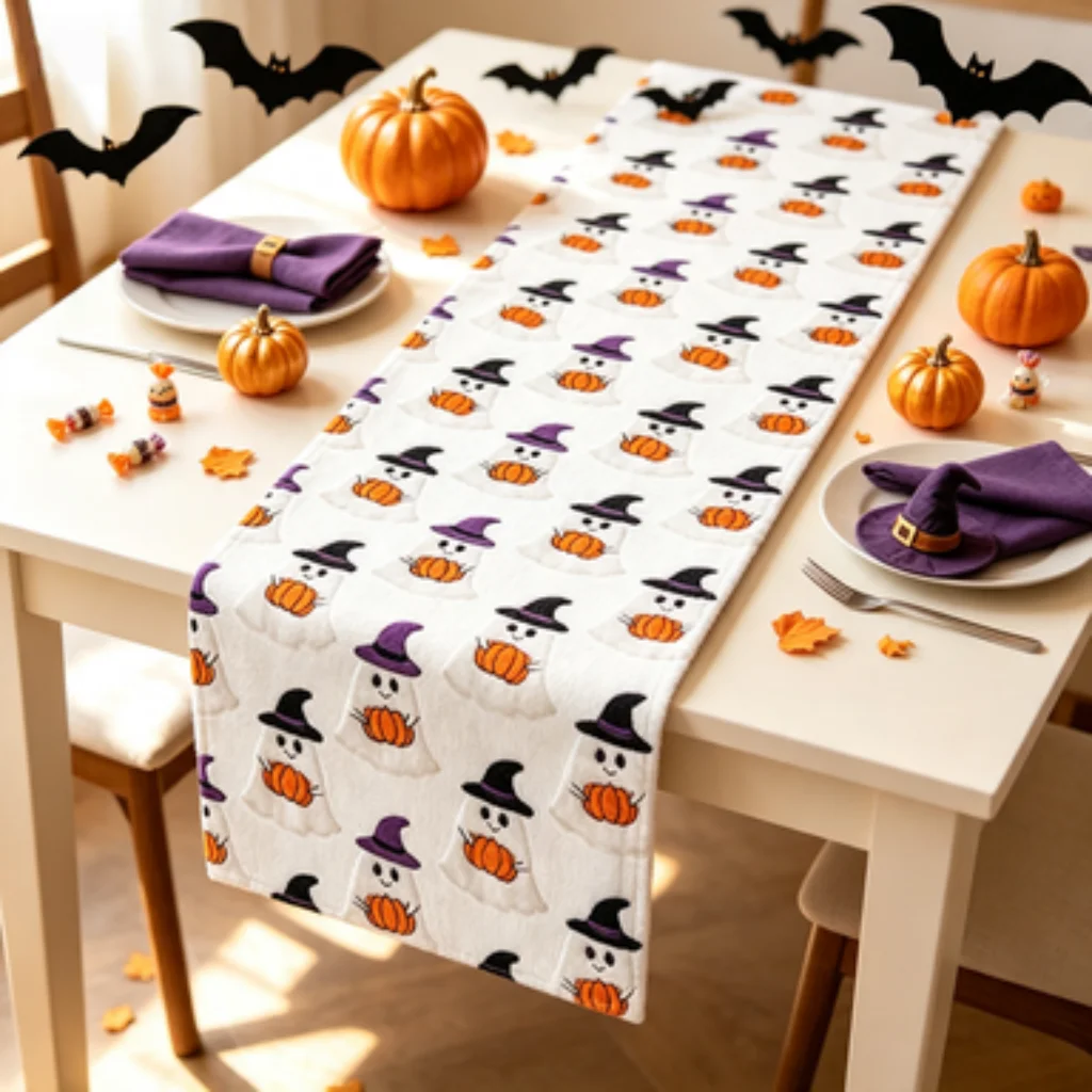 Cute Ghost Witch Hat Pumpkin Table Runner, Halloween Dining Table Flag, American Vintage Bat Ghost Pumpkin Tablecloth.
