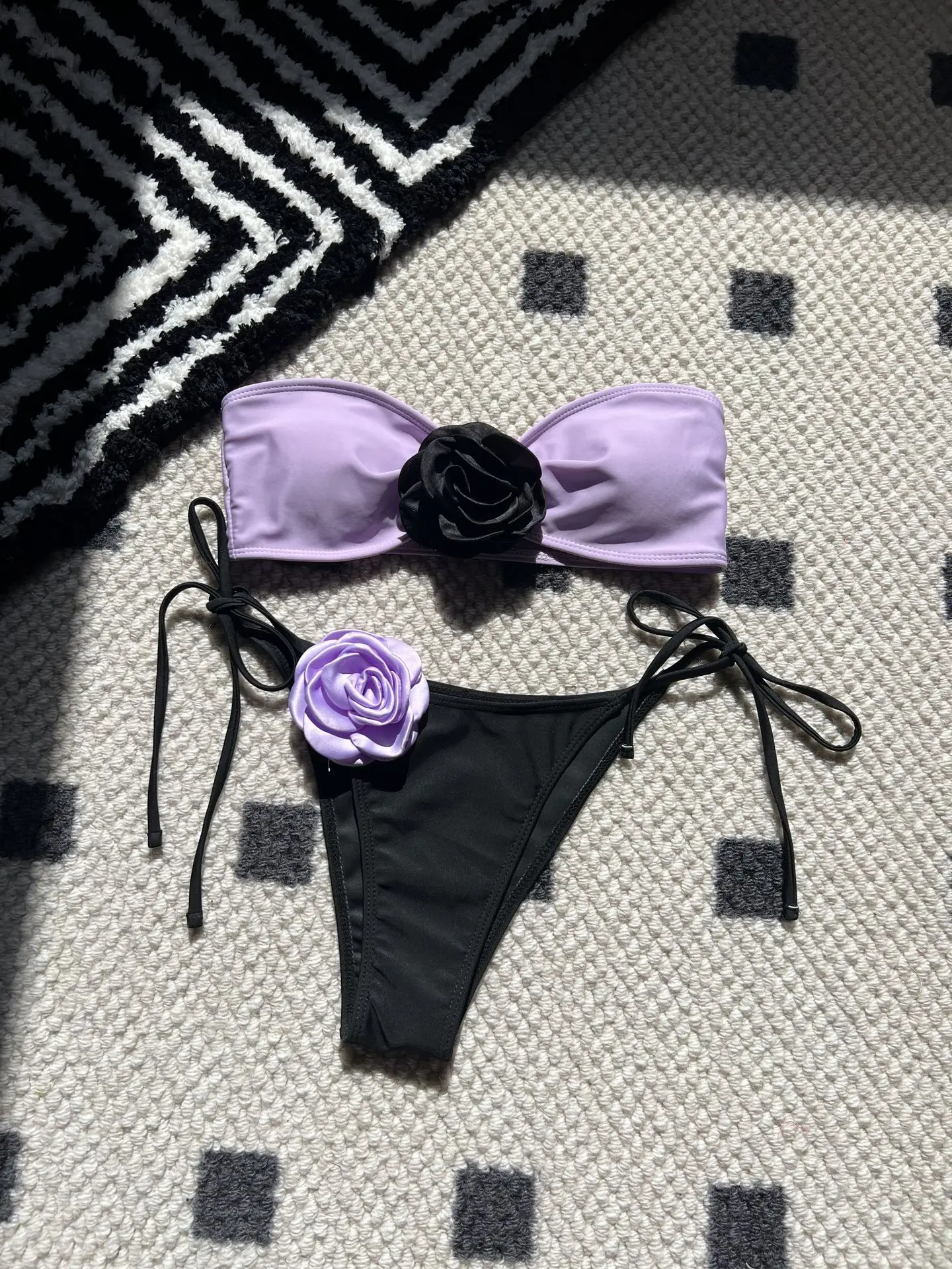 3D Flowers Bandeau High Cut Bikini Female Swimsuit Women Swimwear Two-pieces Bikini set Bather Bathing Suit