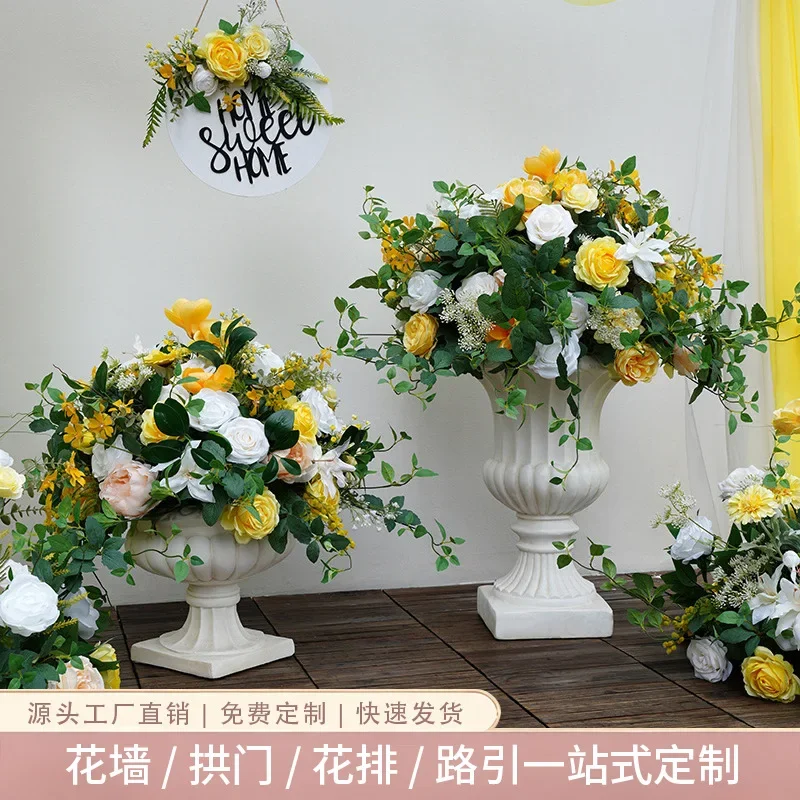 Fresh yellow and white rose Roman column simulation floral set, outdoor wedding hotel welcome floor flower