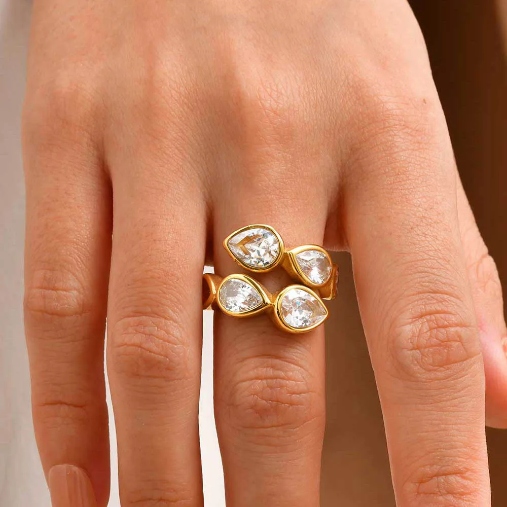 

Waterdrop Cubic Zirconia Open Ring, Waterproof Stainless Steel, Shiny Luxury Korean Women's Jewelry