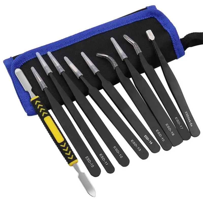 

Stainless steel tweezers set pointed elbow tweezers disassembly machine crowbar 10-piece canvas bag tweezers kit