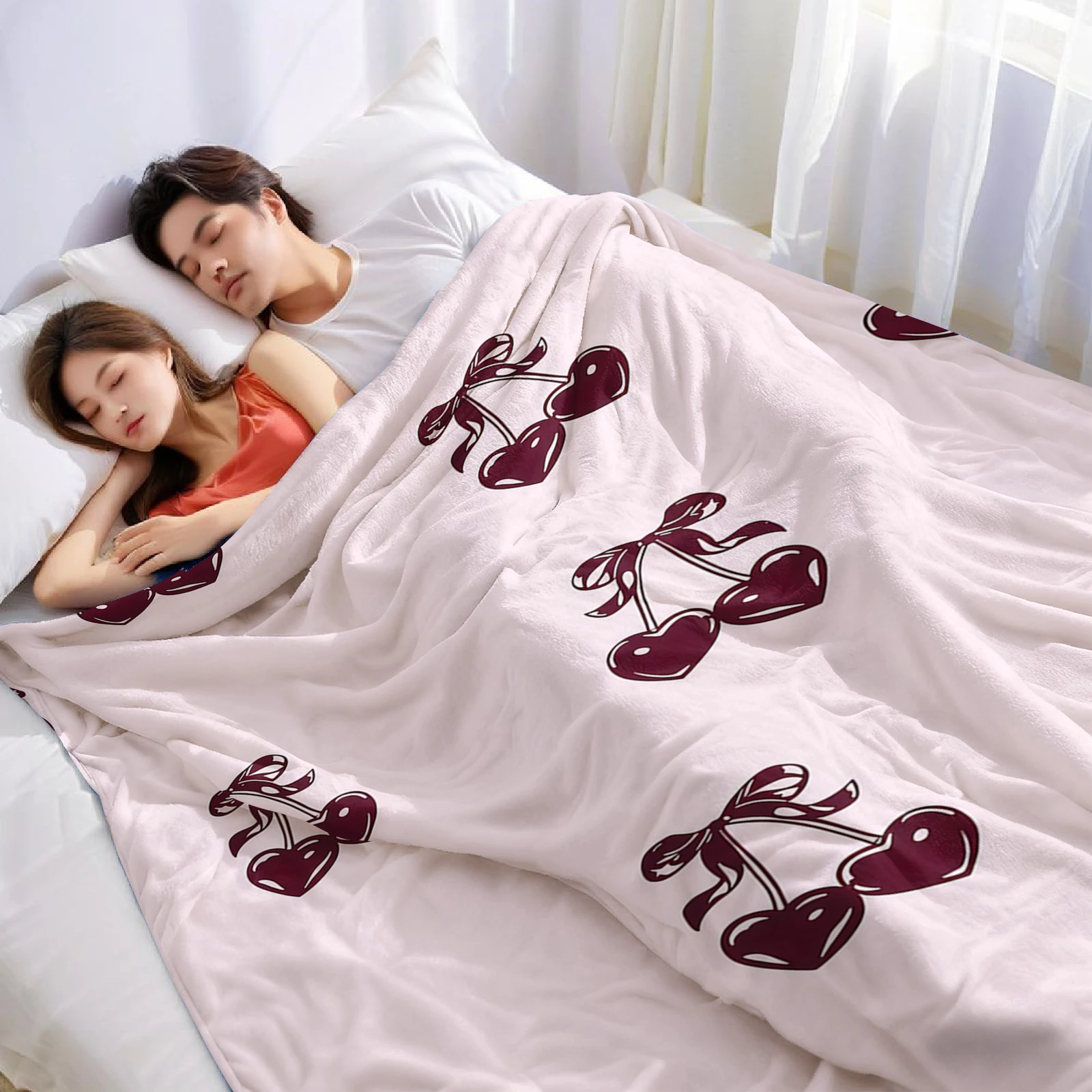 Cherry Heart Lightweight Microfiber Flannel Blanket Soft Warm Cozy Throw All Season for Bed Sofa Office Travel Gift