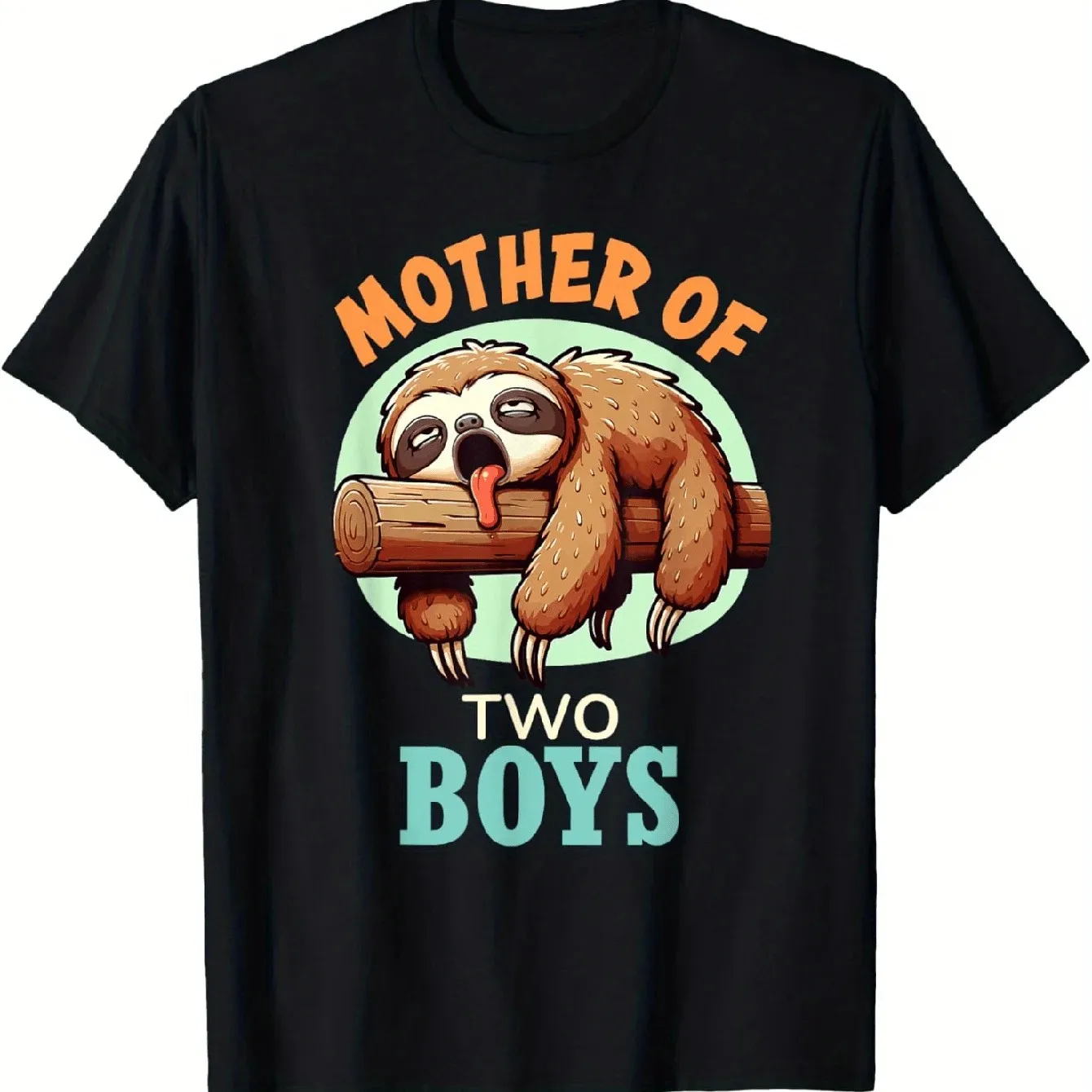 Mother of Two Boys Sloth Graphic Tee Funny Mom Life Cotton T-Shirt Casual Crewneck Top