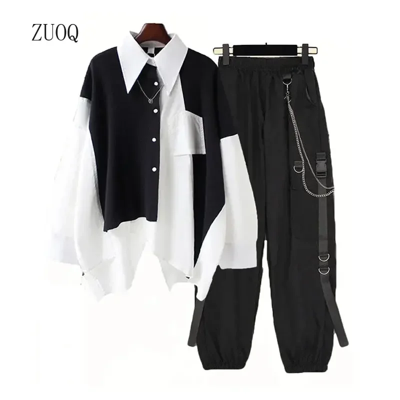 Women's Pant Sets Streetwear Outfits Loose Long Sleeve Shirt + Chain Cargo Pants 2 Piece Casual Couple Suit
