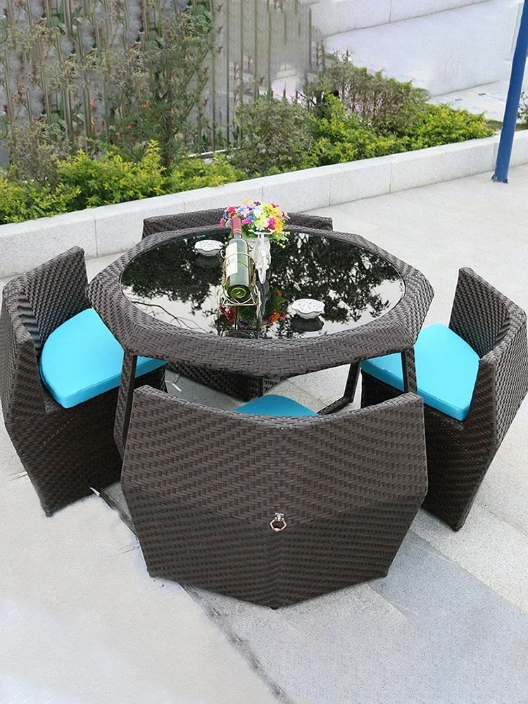 Combination Terrace Courtyard Rattan Chair Five-Piece Coffee Shop Waterproof and Sun Protection Leisure Rattan Furniture