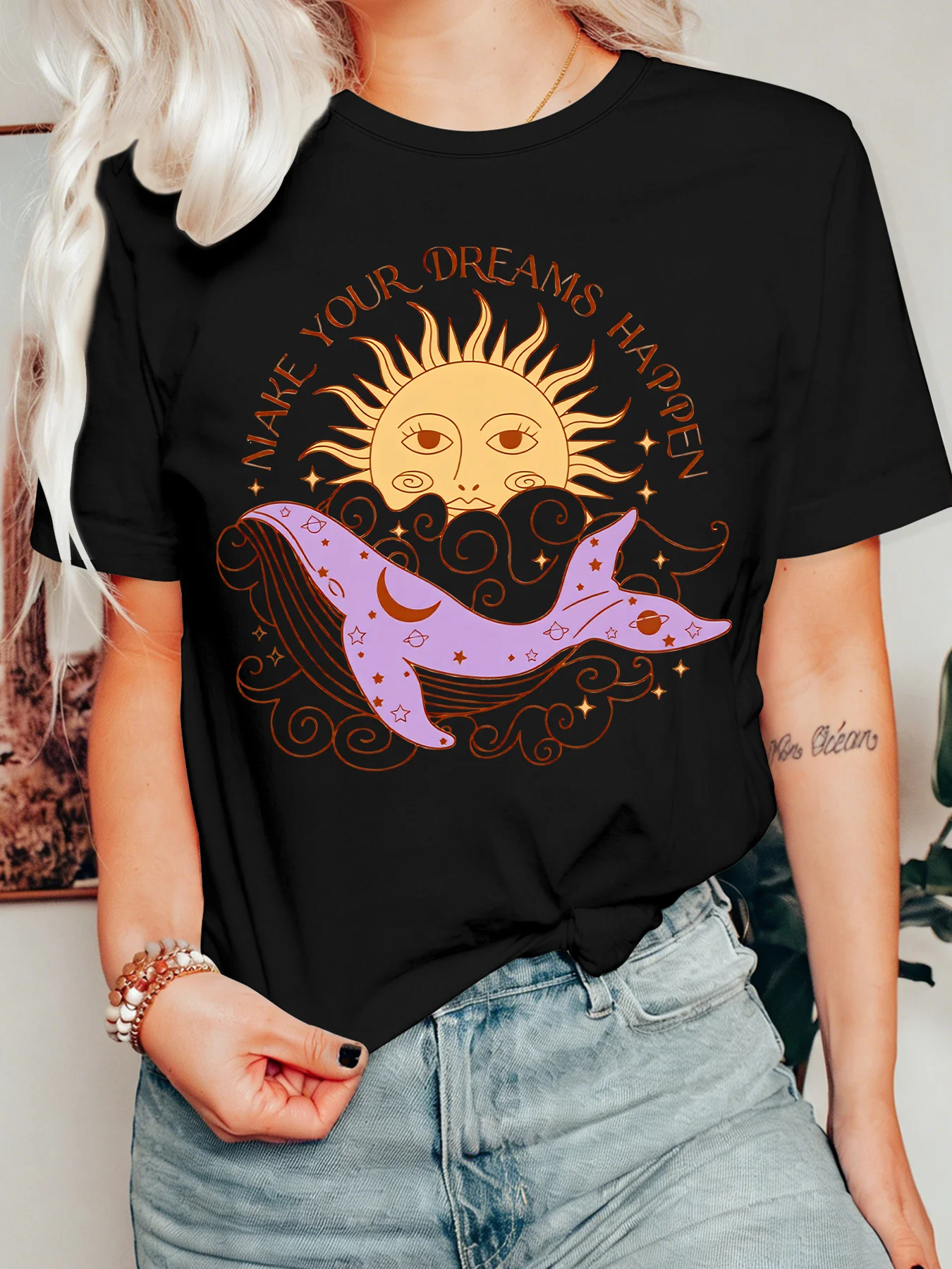 Cosmic Sun Whale Quote Womens Crew Neck Short Sleeve T Shirt Make Your Dreams Happen Mystic Retro Casual Graphic Tees For Ladies