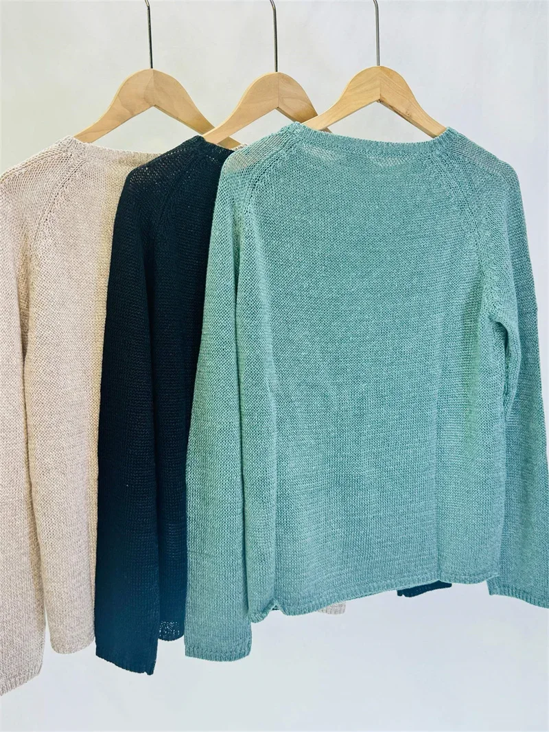 3 Colors Women Knit Sweater 100% Linen Simple Long Sleeve 2024 Early Autumn Female O-neck Pullover