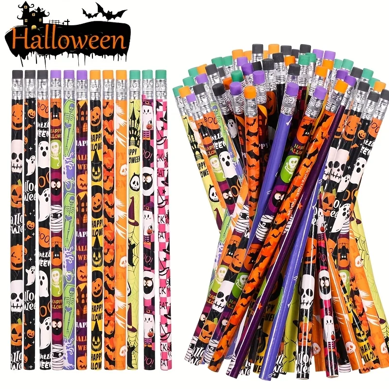 12/24pcs Halloween Themed Pencil Set with Erasers Pumpkin/Skeleton/Bat/Spider Pattern Pencil Party Favor Pack, 12 Random Mix