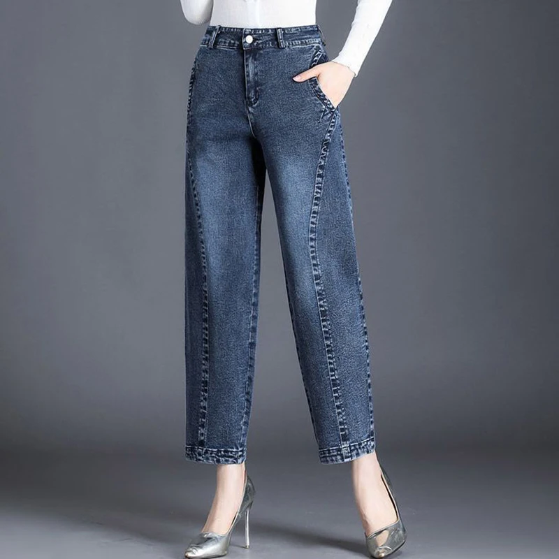 New Women's Jeans Spring autumn High Waist Casual Harlan Pants Loose Female Nine Points Radish Cowboy Pants Dark Blue Button