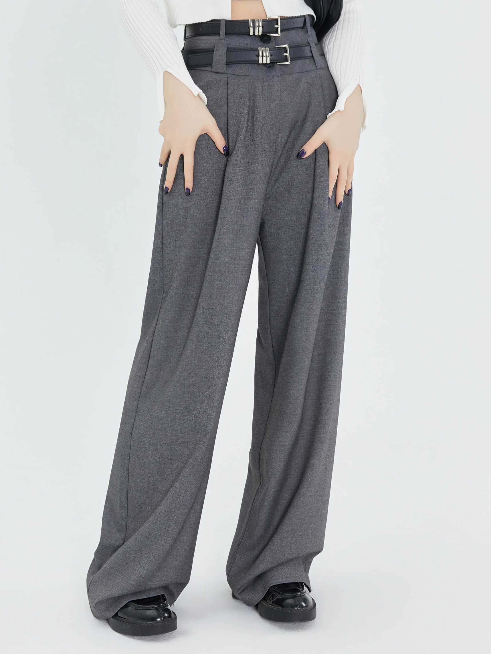 LFSTUDIO Women's Straight Leg Pants Double Waist Loose Drapey Floor-Length Slimming Wide Leg Trousers Spring Commute Sle