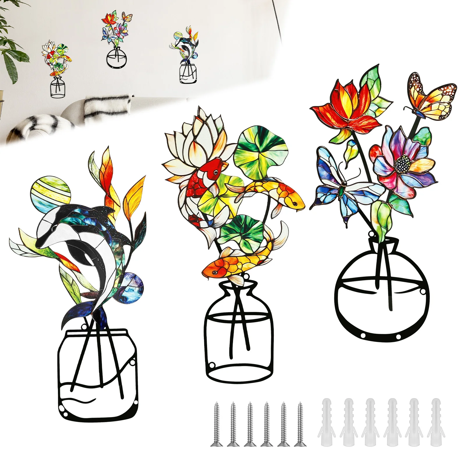 3-teilige Metallblumen-Wanddekoration, Blumen-Wandkunst, dekorativ mit Schrauben, Vase, hängende Dekoration für Wohnzimmer, Schlafzimmer, Heimdekoration