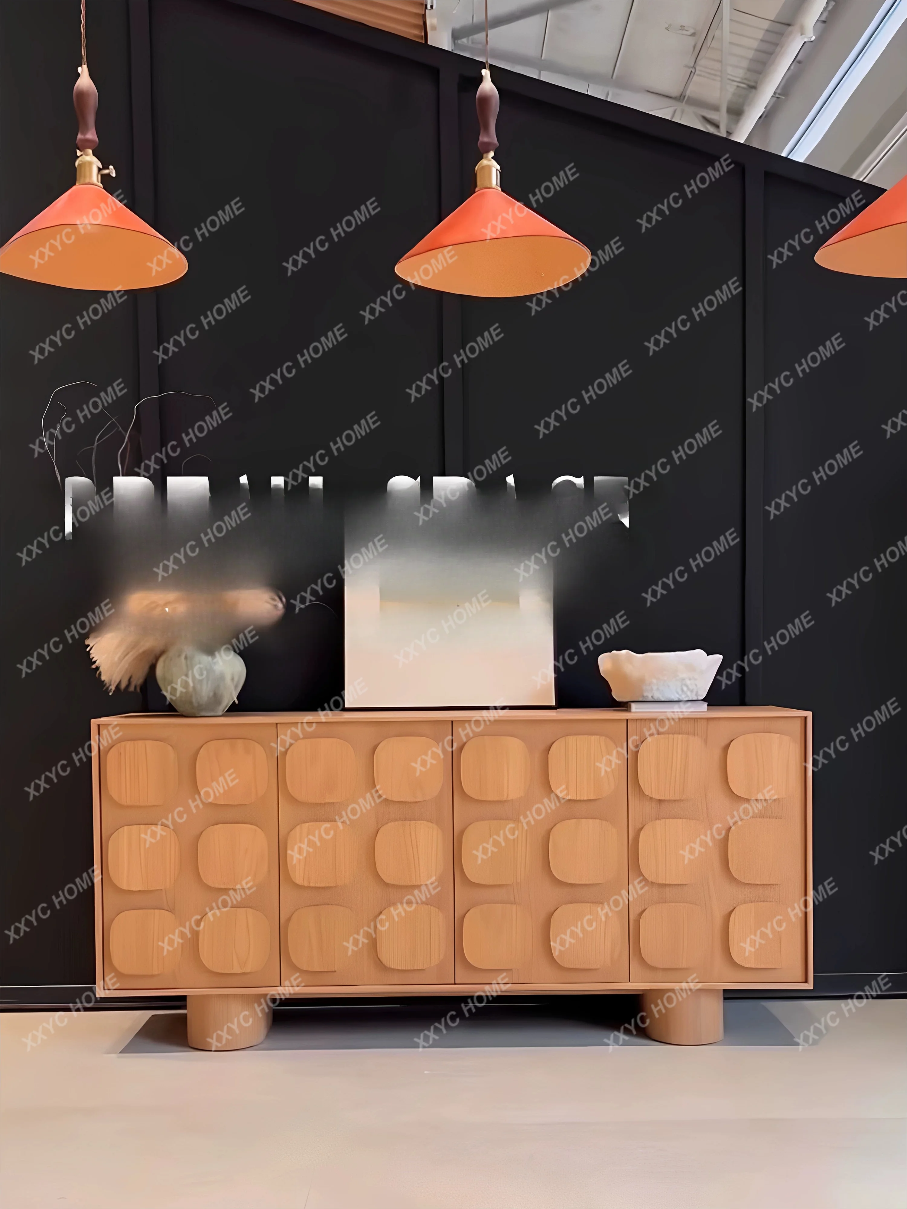 Retro cream style chocolate feet solid wood dining side cabinet living room wall cabinet simple square tall cabinet