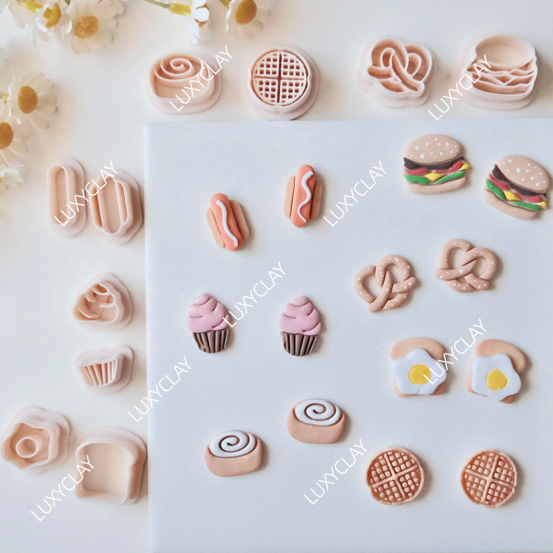 10pcs Mini Size Hot Dog Hamburger Cupcake Pretzel Egg & Toast Cinnamon Roll Waffle Shape Clay Cutters for Earring Jewelry Making