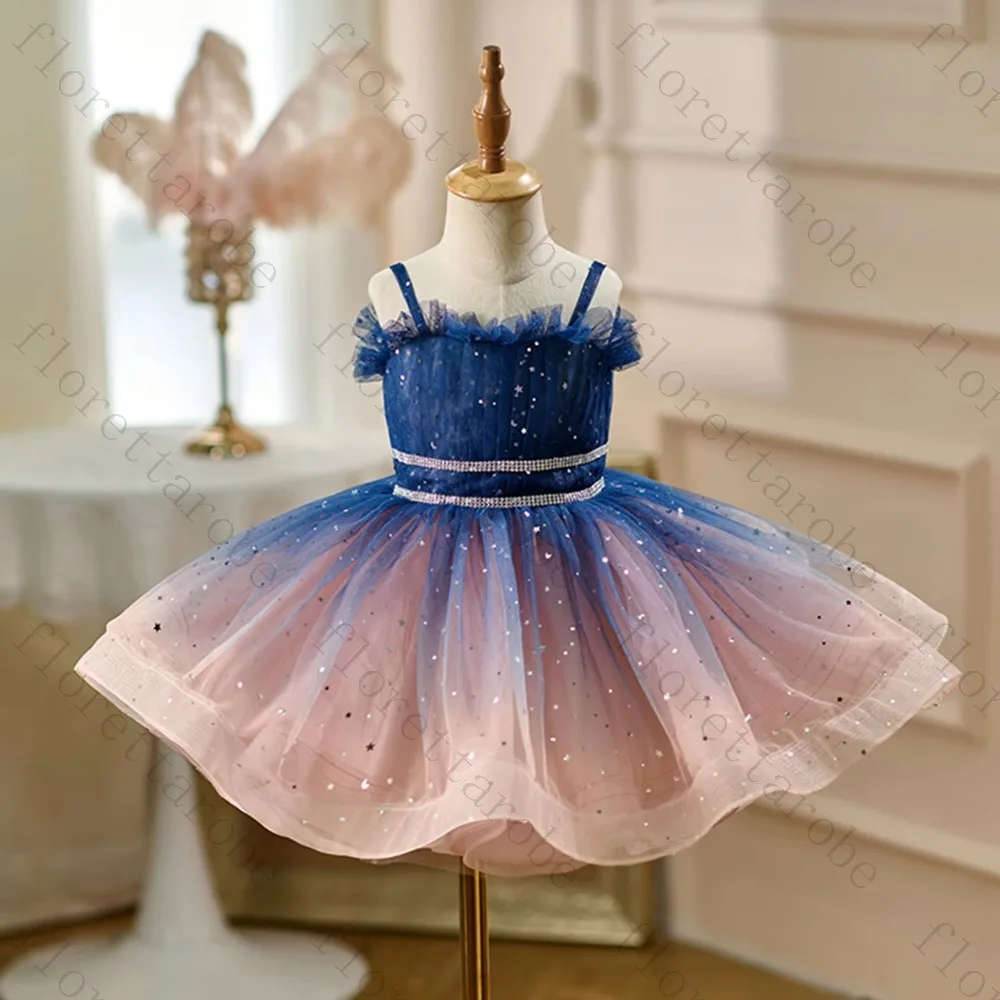 Customized Blue Pink Gradient Flower Girl Dress A Line Short Spaghetti Strap Tulle Star Sequin Rhinestone Wedding Kids Gown
