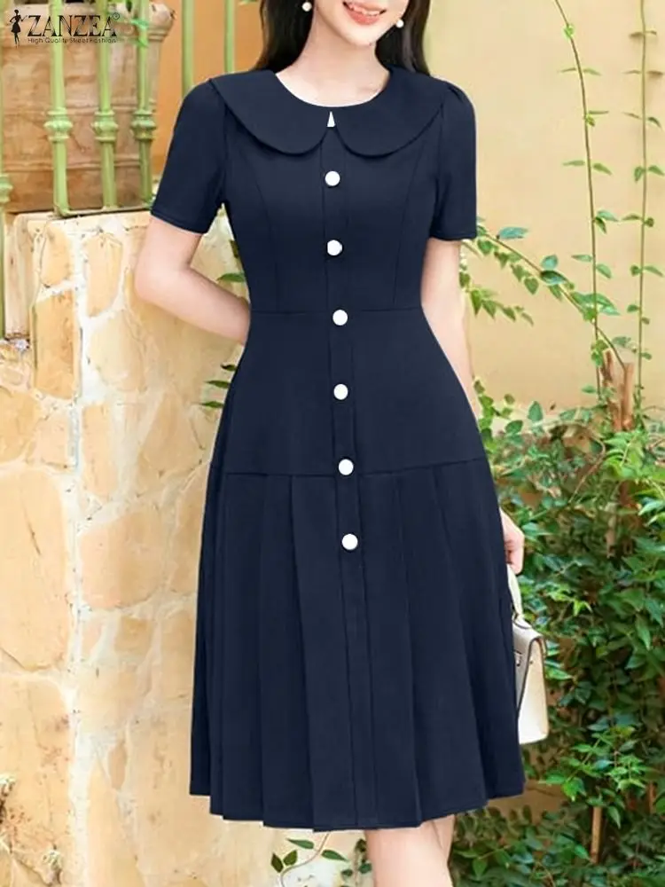 ZANZEA レディース 2025 夏服 おしゃれなラペルネック 半袖 オフィスワンピース エレガント 無地 OL 仕事着 プリーツ ミディ丈ワンピース