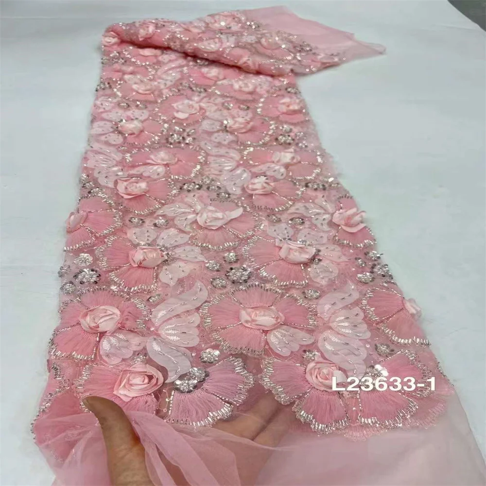 Tessuto di pizzo con paillettes africane 2024 di alta qualità ricamo sposo in rilievo nigeriano francese 3D fiori pizzo di Tulle per abiti da sposa