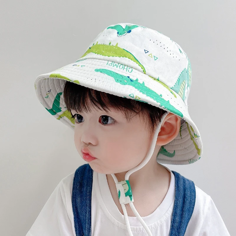 Cartoon Printing Baby Bucket Hat Cotton Breathable Kids Fisherman Hat Infant Toddle Sun Hat With Drawstring