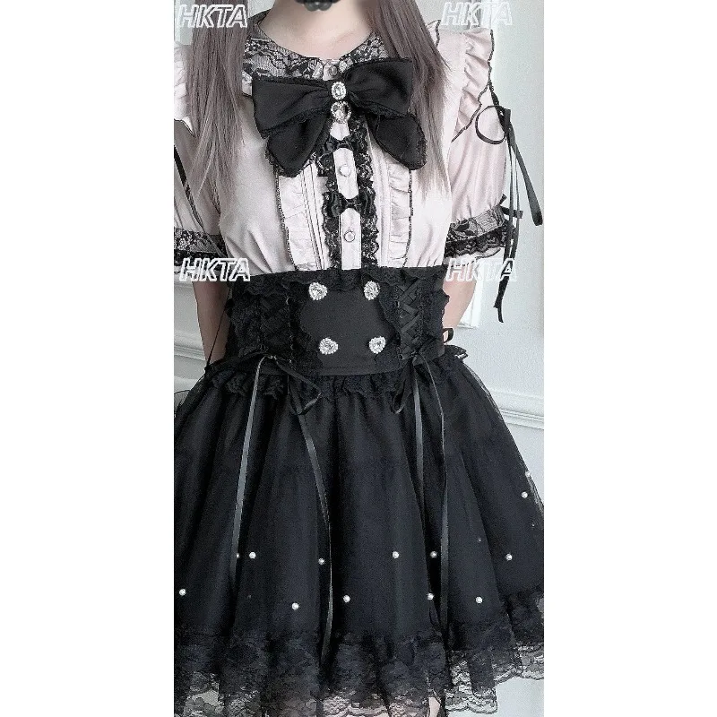 Subculture Goth Y2k Mass Production Sweet Lace Bow Short Sleeve Shirt Pleated Top Pearl Waist Strap Black Skirt Lolita Set Women