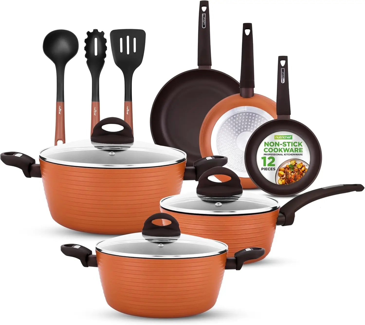 

12-Piece Brown Nonstick Cookware - PFOA/PFOS-Free, Heat Resistant Lacquer, Elegant Design, Multi-Sized Pots and Pans