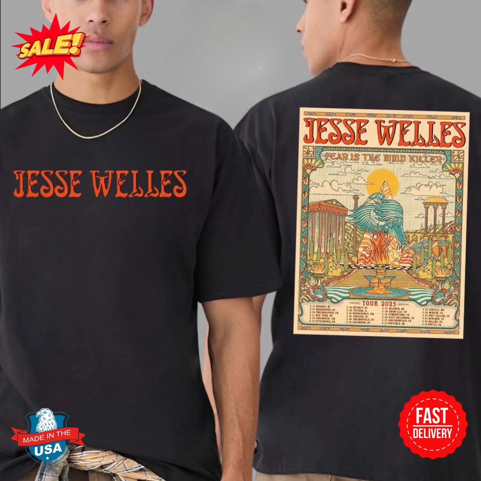 

Футболка с двусторонним принтом Jesse Welles Fear Is The Mind Killer Tour, список данных 2025 года