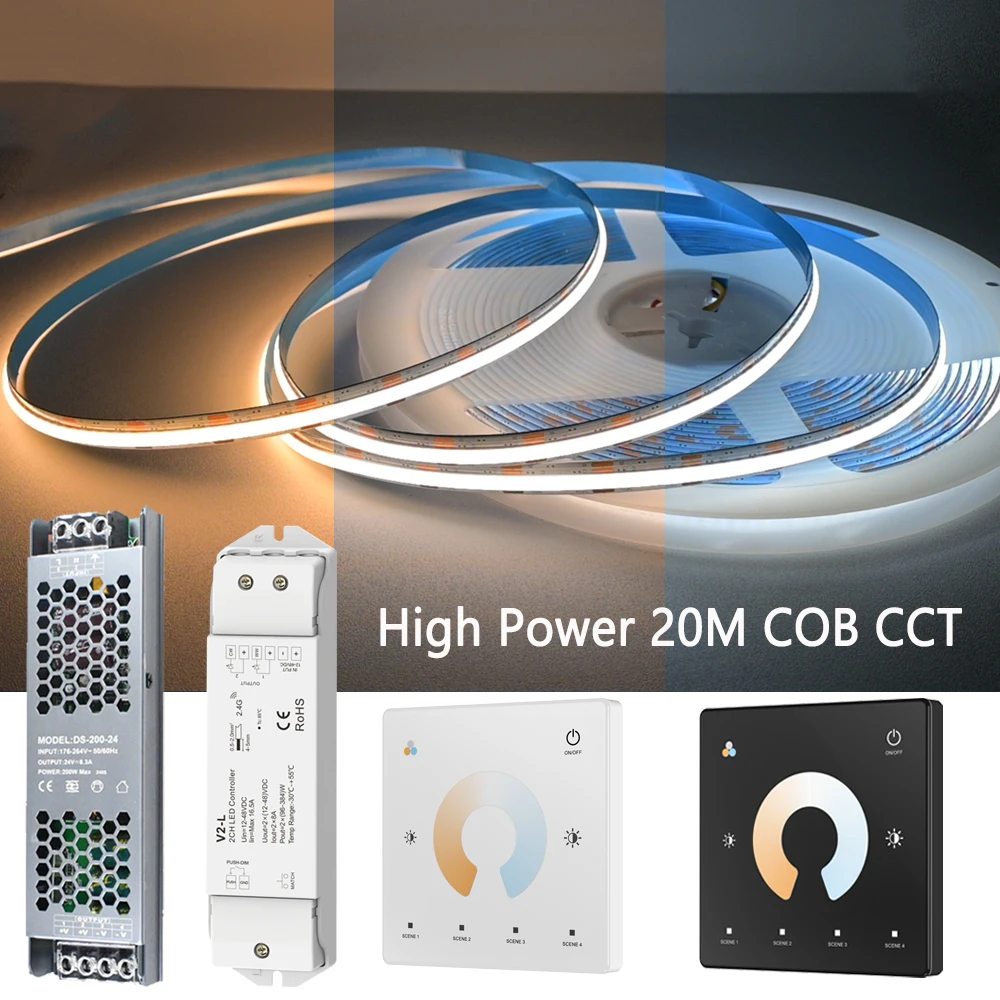 bande-led-cob-cct-haute-puissance-20m-24v-flexible-haute-densite-dimmable-pour-plafond-et-piece-telecommande-tactile-rf-24g-double-blanc-2700k-6500k