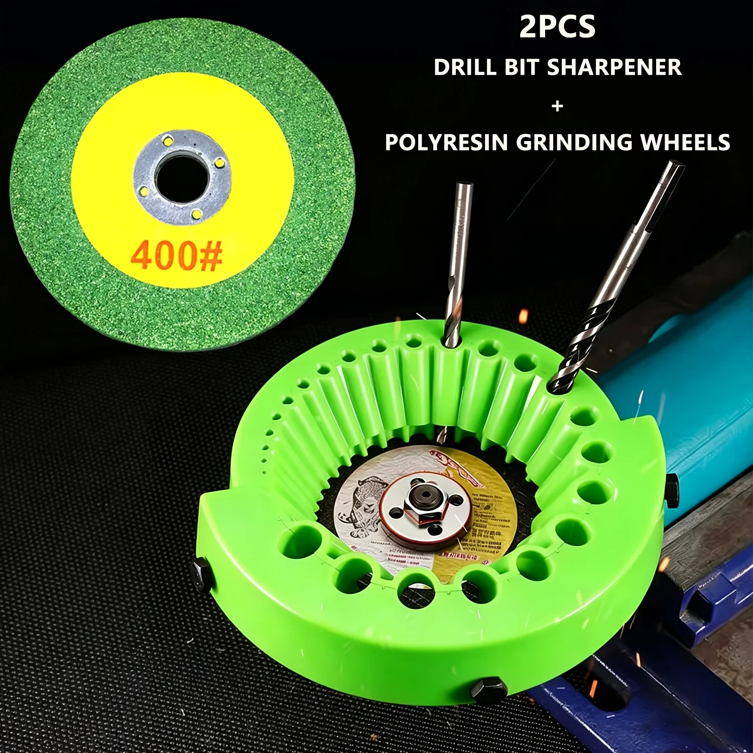 2Pcs Drill Bit Sharpener Attachment with 4 Inch 400 Grit Grinding Wheel, Multi-Size Drill Bit Sharpening Guide for Angle Grinder