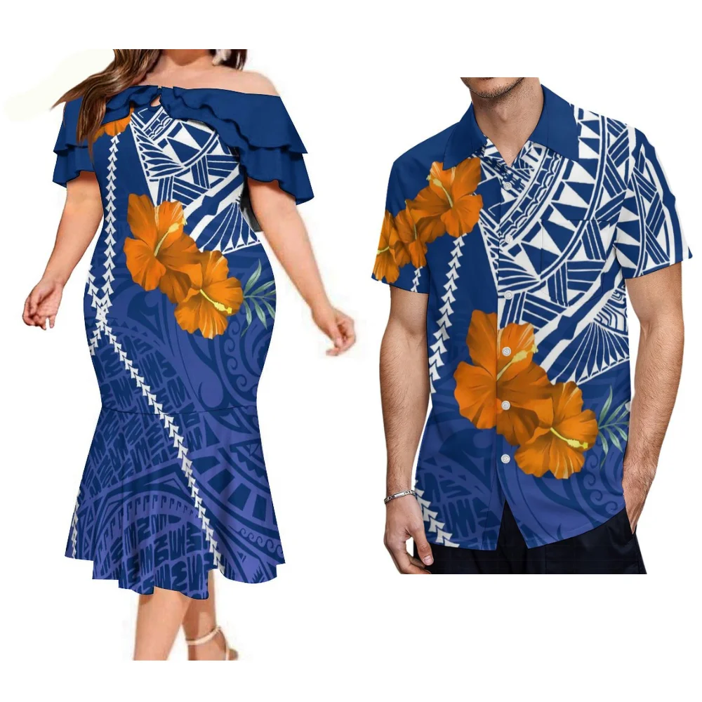 Vêtements de Couple élégants samoans de haute qualité, robe queue de poisson à épaules dénudées pour femmes, chemise pour hommes, vêtements polynésiens pour adultes