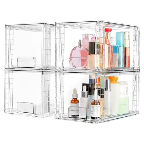 

Vtopmart, набор из 4 больших штабелируемых ящиков для хранения, легко собираемые акриловые органайзеры и контейнеры для хранения под раковиной в ванной, пластик