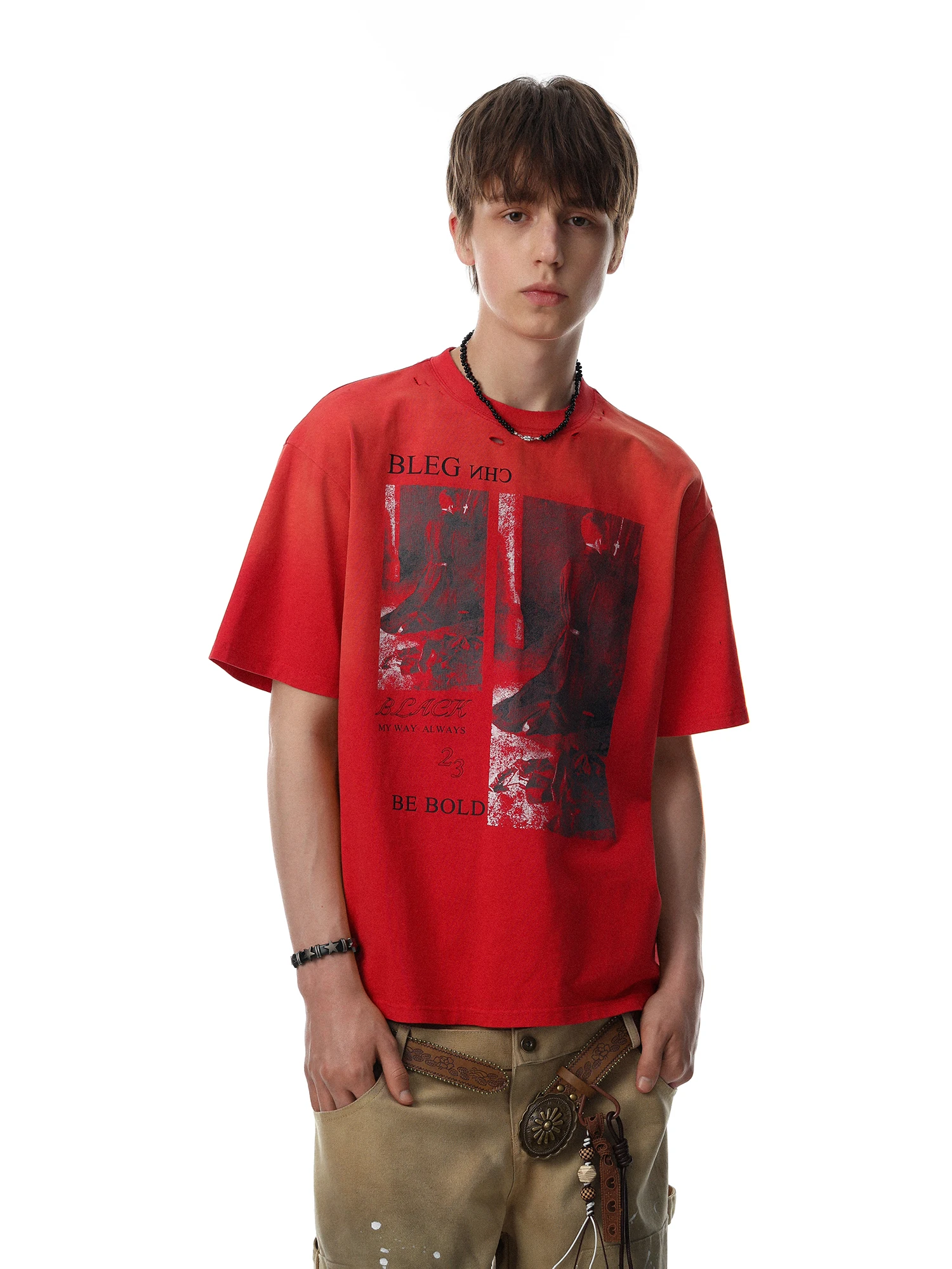 MRNEARLY American Retro Red Portrait Print Short Sleeve Men's T-shirt Loose Oversize Cotton round Neck Casual Top