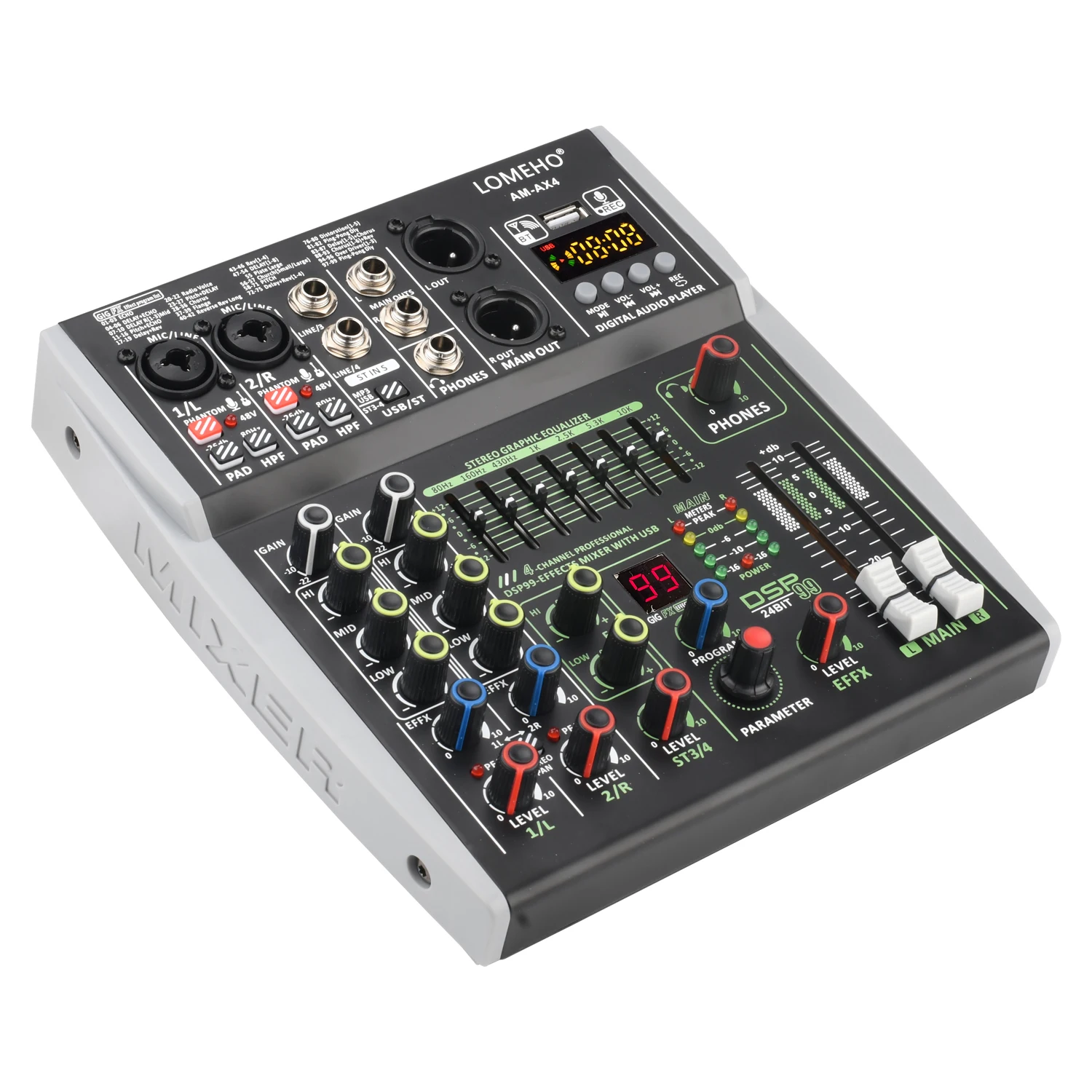 Imagem -02 - Lomeho-mini Som Mixing Console Canais Apto para Bluetooth 99 Efeitos Dsp Usb Reproduzir e Gravar Computador Mixer de Áudio Am-ax4