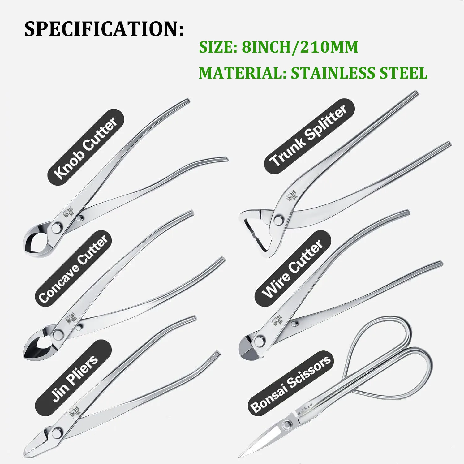 7-11 Piece Stainless Steel Bonsai Tool Kit – Root Cutter, Trunk Splitter, Knob Cutter & Leaf Shears with Canvas Storage Pouch