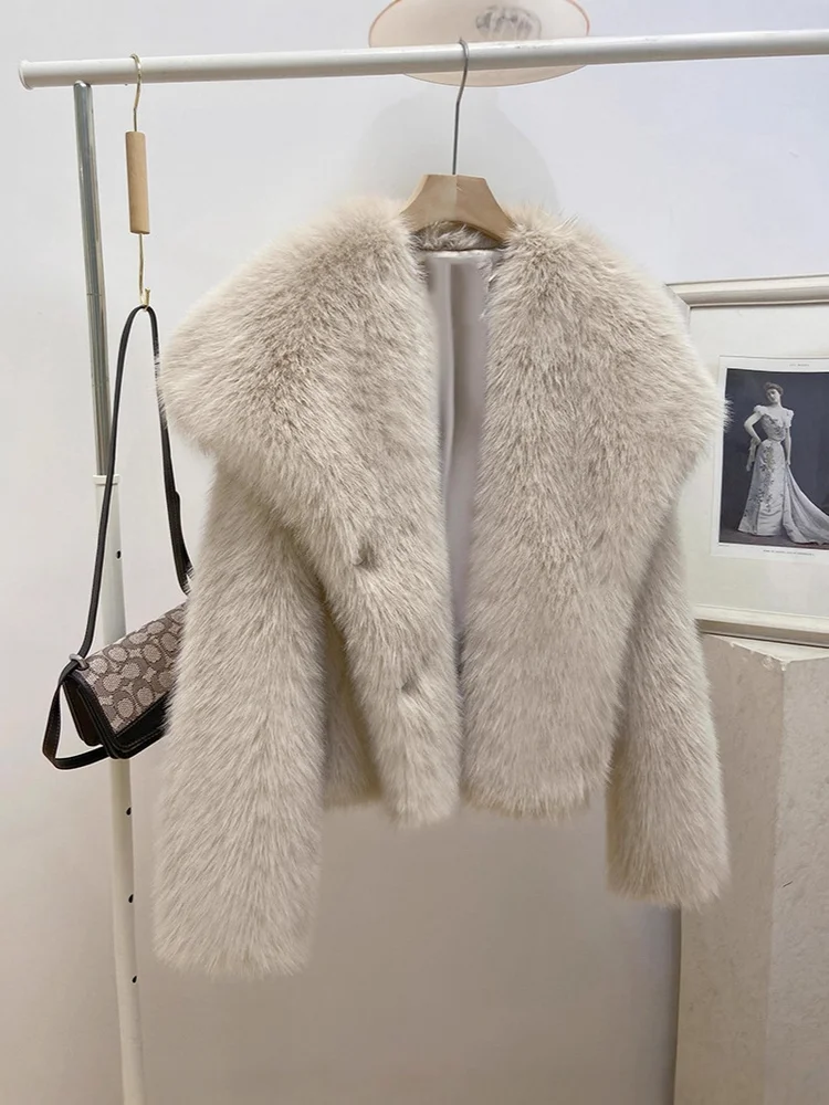 Elegancki płaszcz z imitacji futra z klapami, modny, jednolity kolor, delikatny, ciepły, wygodny, klasyczny, uroczy, zimowy, temperamentny, do pracy, miękki.