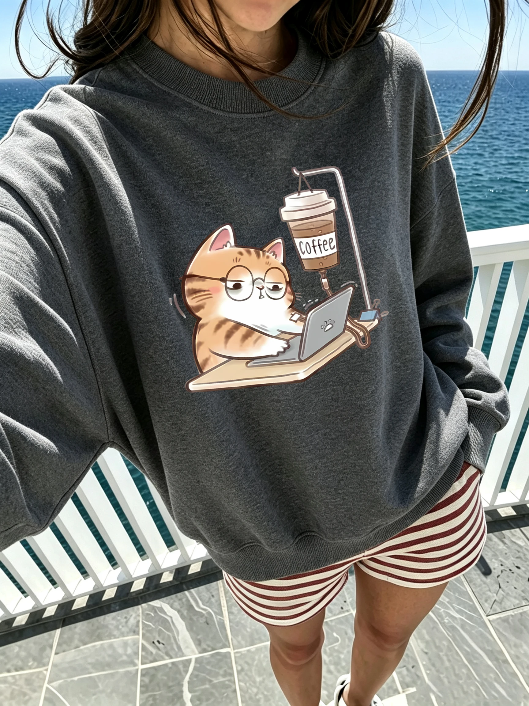 Work Cats That Cannot Do Without Coffee Pattern Women'S Street Basic Sweatshirts Sport Breathable Tops Warm Creative Sportswear