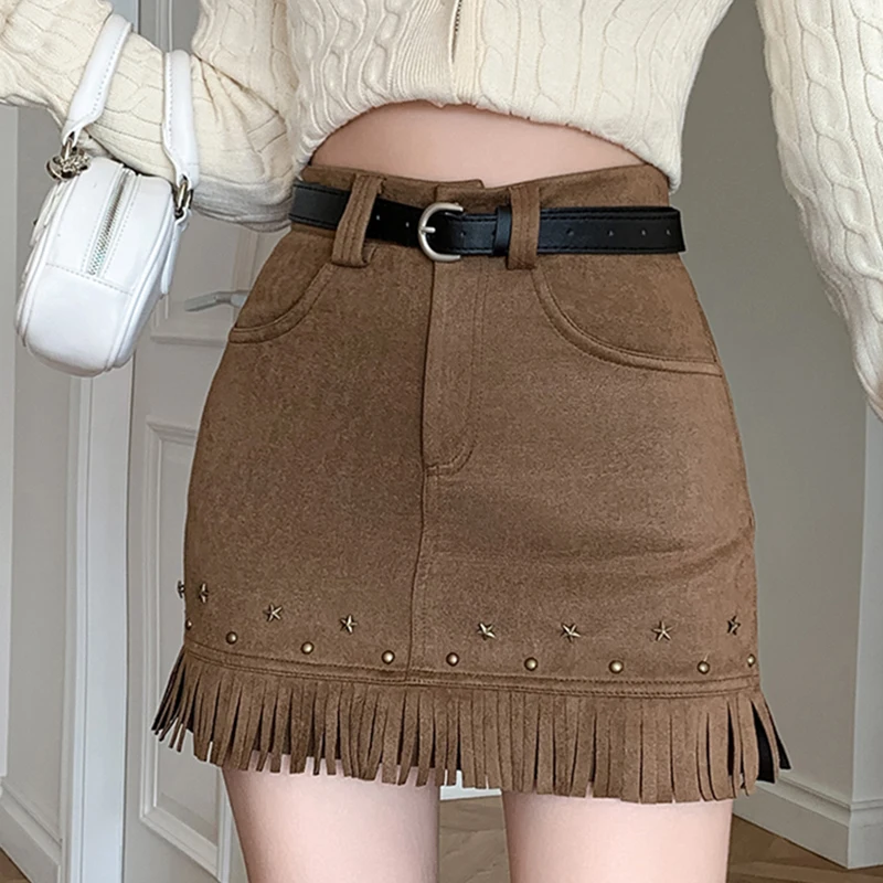 

Autumn Women High-Waisted Tassel Mini Short Skirt Korean Ladies Casual Solid Loose Vintage Pockets A-Line Skirts Female