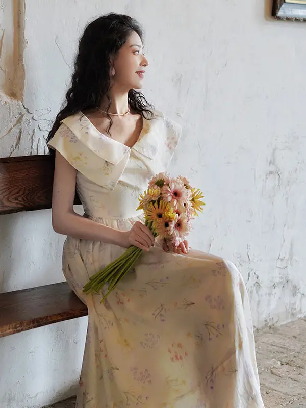 86-94cm bustsummer vestido longo feminino vintage elegante fino dupla camada turn-down colarinho floral impressão cintura alta grande balanço vestido