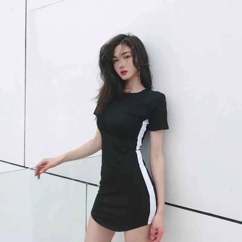 Sexy Bodycon Mini Dress Women Striped Printed  Black White Short Sleeve O-Neck Slim T-shirt Dresses