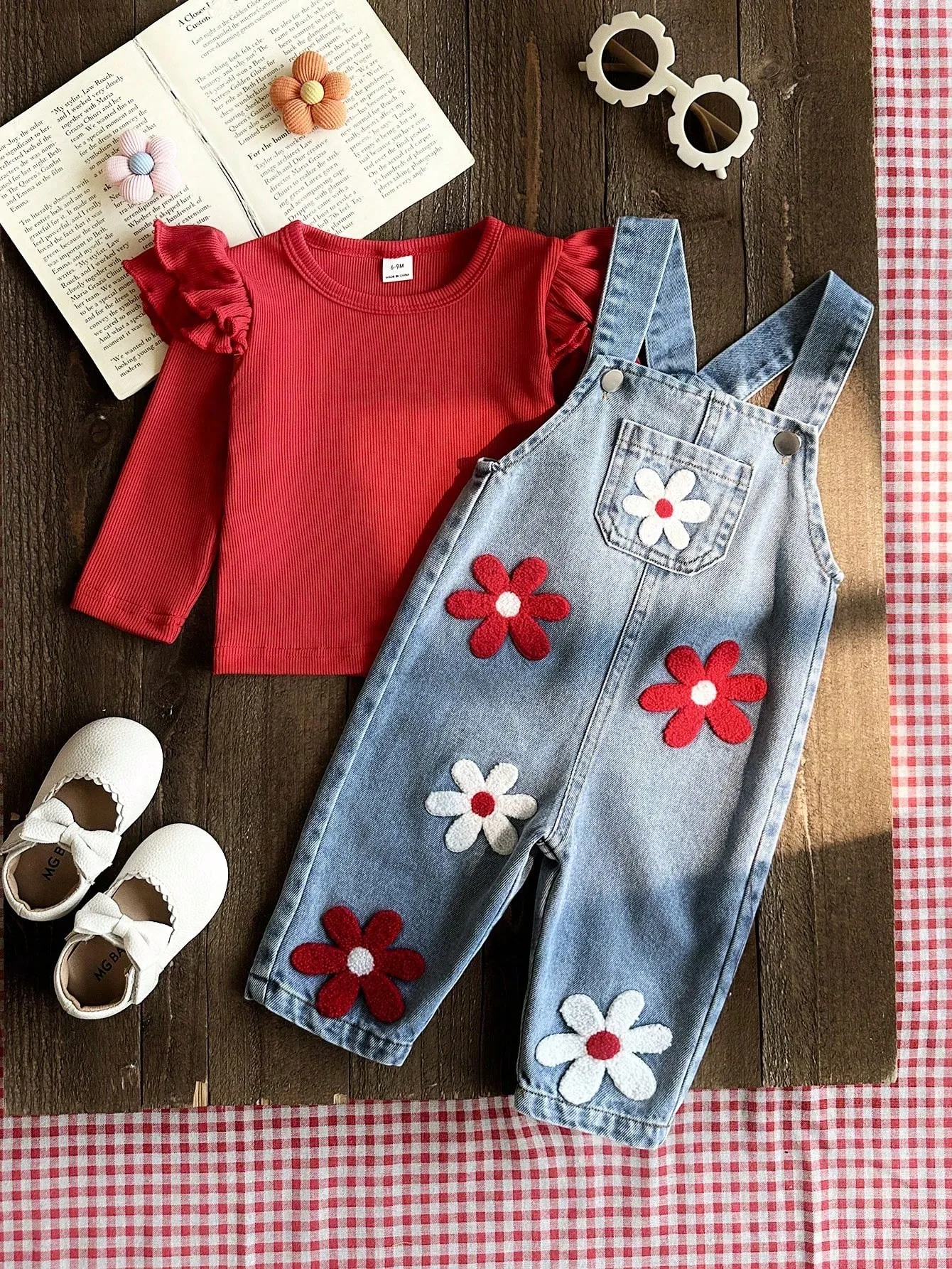 Vintaside Kids 2pcs Baby Boy Girl Unisex Infant Toddler 0-3 Years Spring Autumn Red Sweet Style Floral Embroidery Denim Pants Round Neck Long Sleeve Top Set White