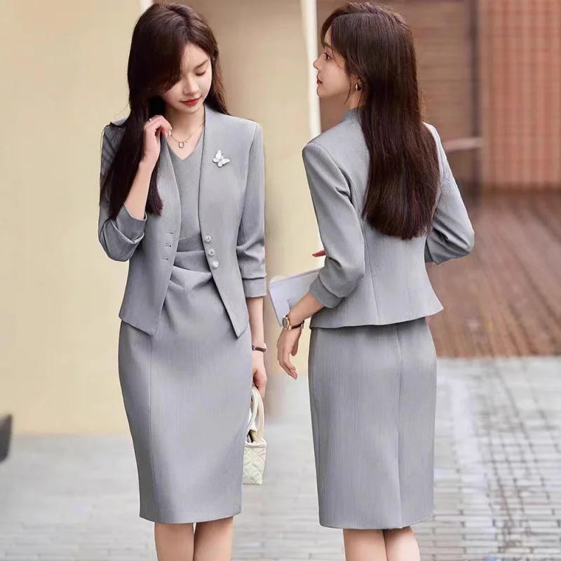 Gray Professional Suit Set Dress for Women High-end Elegant Beauty Salon Consultant Workwear Two-piece Set