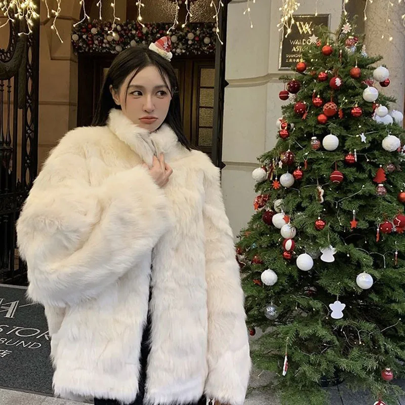 New autumn and winter imitation fox fur grass stand up collar coat small fragrant style Korean style socialite warm coat