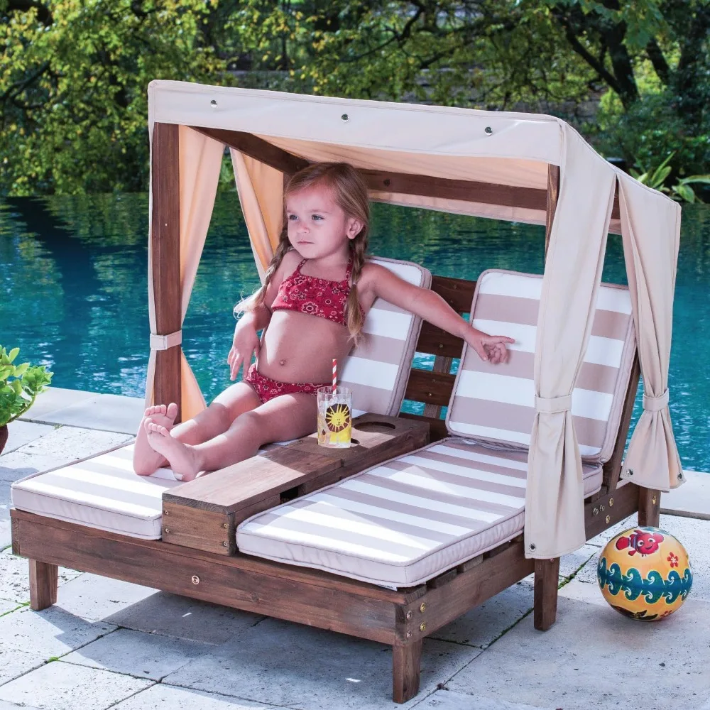 

Wooden Outdoor Double Chaise Lounge with Cup Holders, Patio Furniture for Kids or Pets,Chaise Lounge