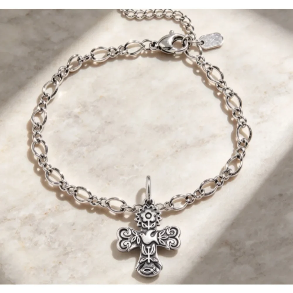 New Arrival S925 Sterling Silver Vintage Oxidized Women Charm Bracelet, Cross, Green Heart, Cat, Lock, Key & Cactus Enamel Pendants, Retro Statement Silver Jewelry Gift