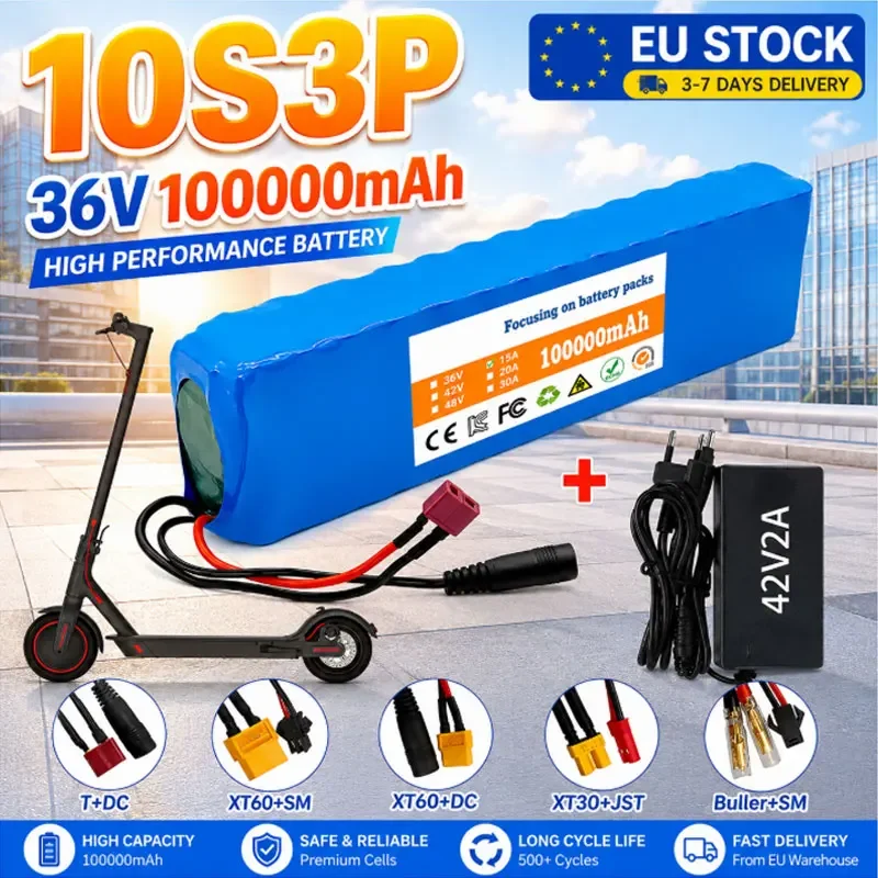 Hochkapazitäts-A-Klasse 18650 Lithium-Akkupack 36V 100000mAh 10S3P 500W mit XT60 JST Auto-Stecker für Elektroroller mit integriertem BMS-Schutz
