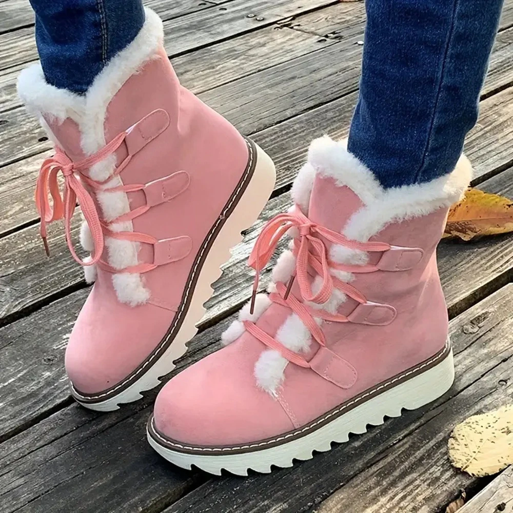 

Winter Women Fluffy Lace Up Platform Snow Boots Femme Flats Ankle Boots