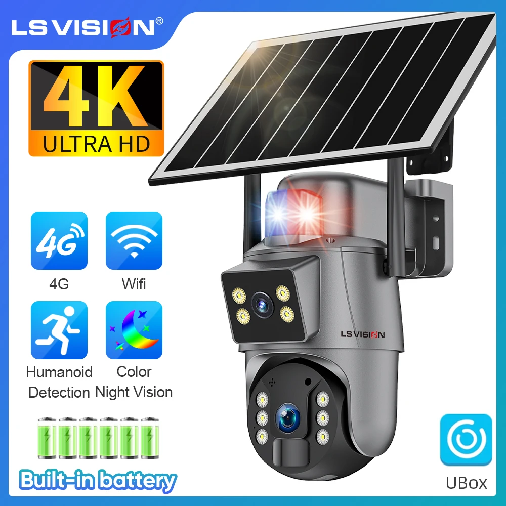 LS VISION 8MP Dual Screen 4G Solar Security Camera 4K WiFi PIR Detection Red Blue Light Alarm Auto Tracking CCTV Camera Ubox App