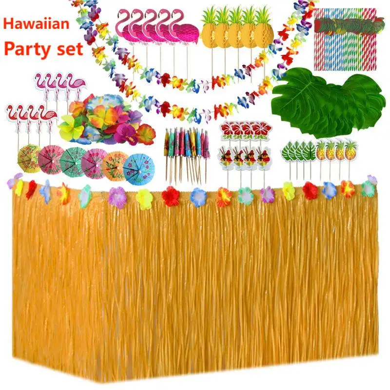 Straw Table Skirt Hawaiian Tiki Moana Themed Party Suitable For Tropical Hawaiian Flamingo Sea Wedding Birthday Decoration set