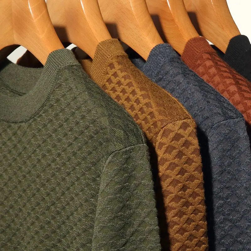 Korean Casual Fashion Simple Jacquard Round Neck Pullover Thin Woolen Sweater Men's Solid Slim Patchwork Long Sleeve Knitted Top