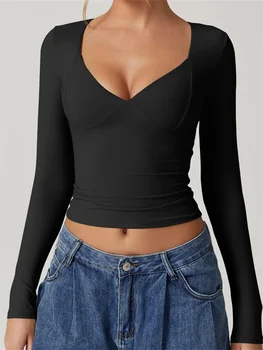 CHRONSTYLE femmes col en v coupe basse couleur unie T-Shirts à manches longues coupe ajustée col rond printemps automne décontracté hauts Streetwear 2024 nouveau